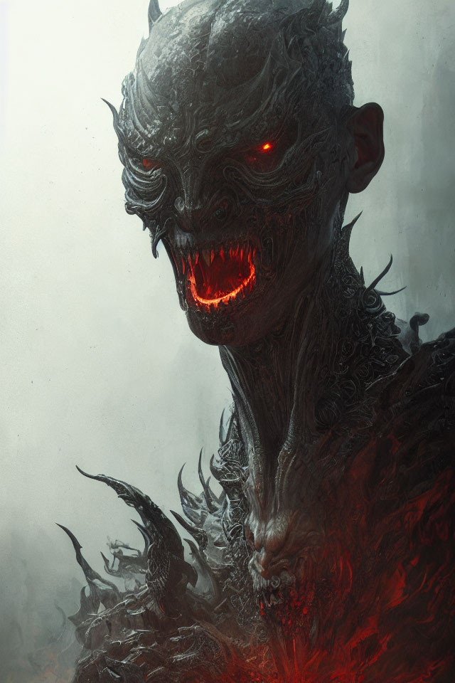 Fantasy creature with red glowing eyes, sharp teeth, and dark armor
