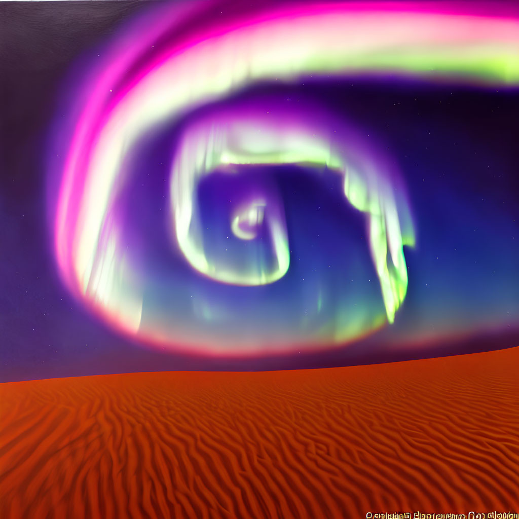 Colorful aurora dances over orange desert dunes