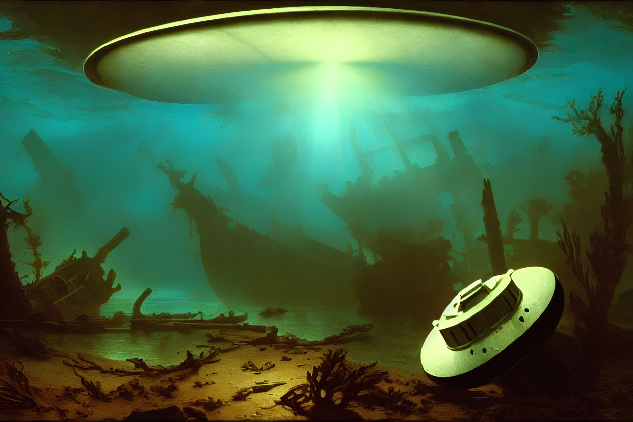 Underwater scene with UFO lighting sunken ships and ruins among aquatic plants