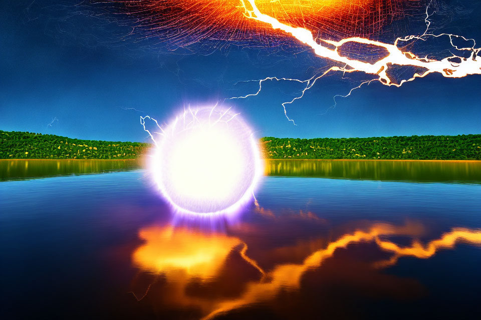 Vibrant orb of light over reflective lake with lightning in night sky