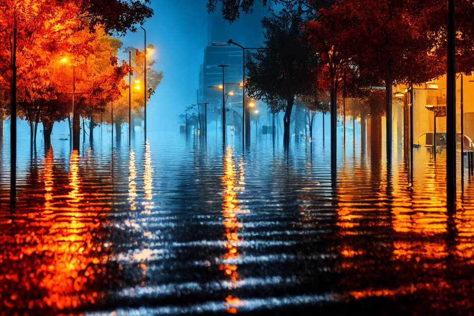 Flooded Street at Night with Autumn Trees Reflections