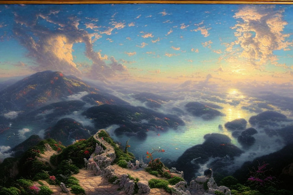 Panoramic mountain landscape with sunrise, clouds, and footpath