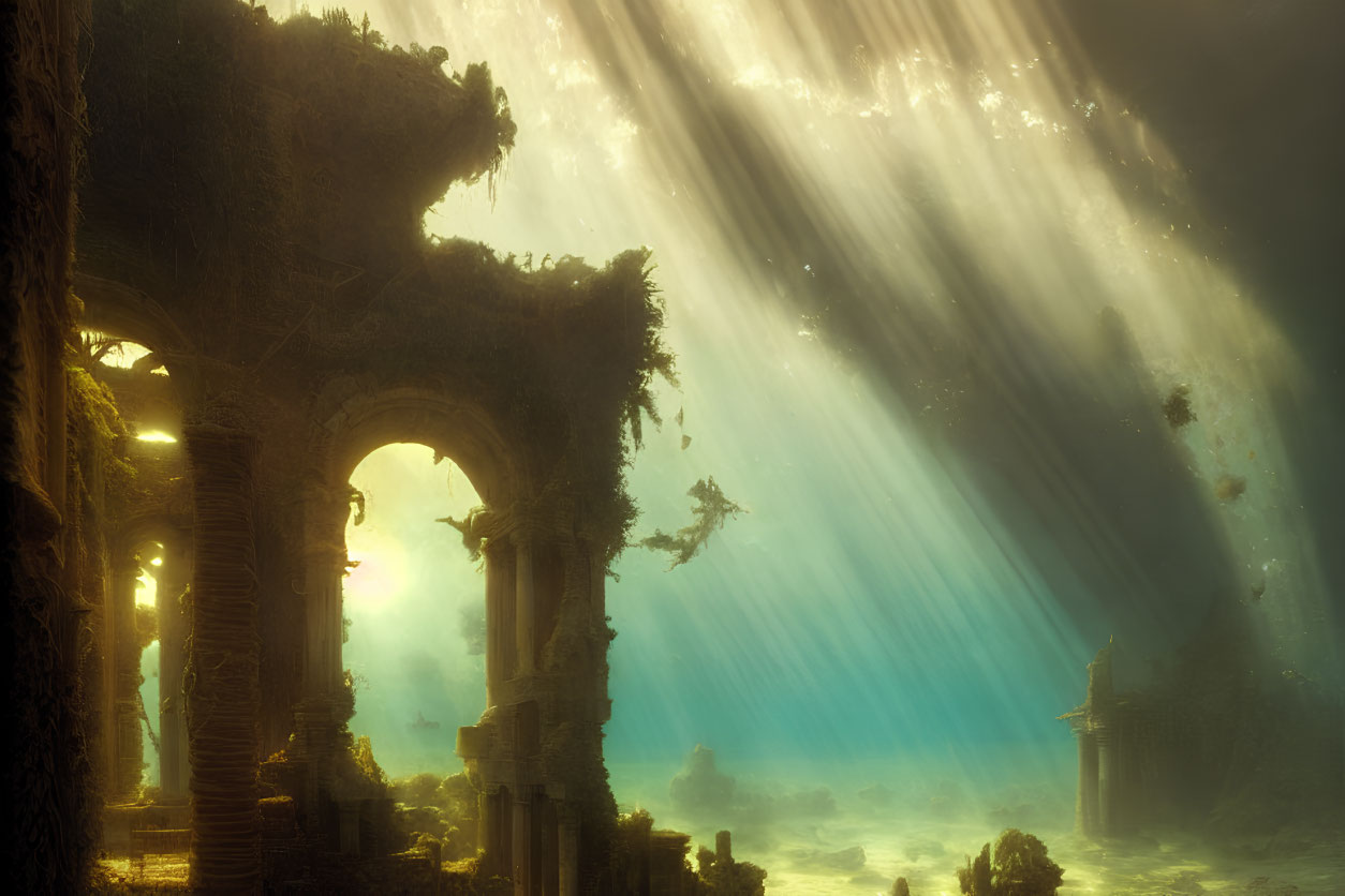 Underwater sunbeams highlight ancient submerged ruins and aquatic flora