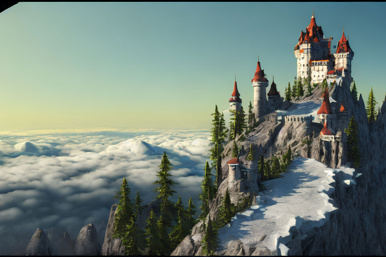Majestic cliff-top castle above sea of clouds with snowy landscape