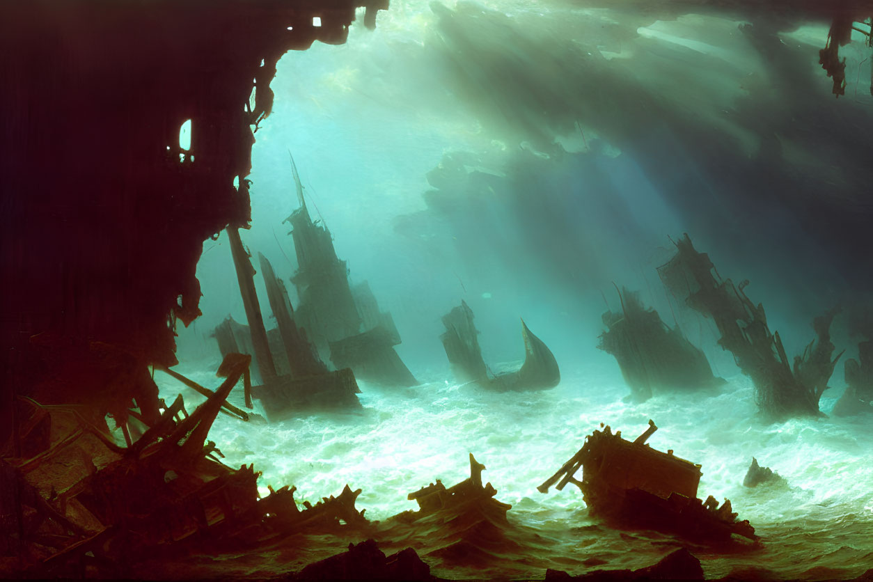 Ethereal underwater scene with sunken ships and sunbeams