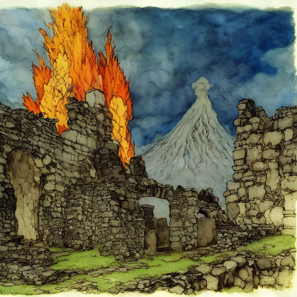 Ancient ruins with fire, snow-capped volcano, and cloudy sky