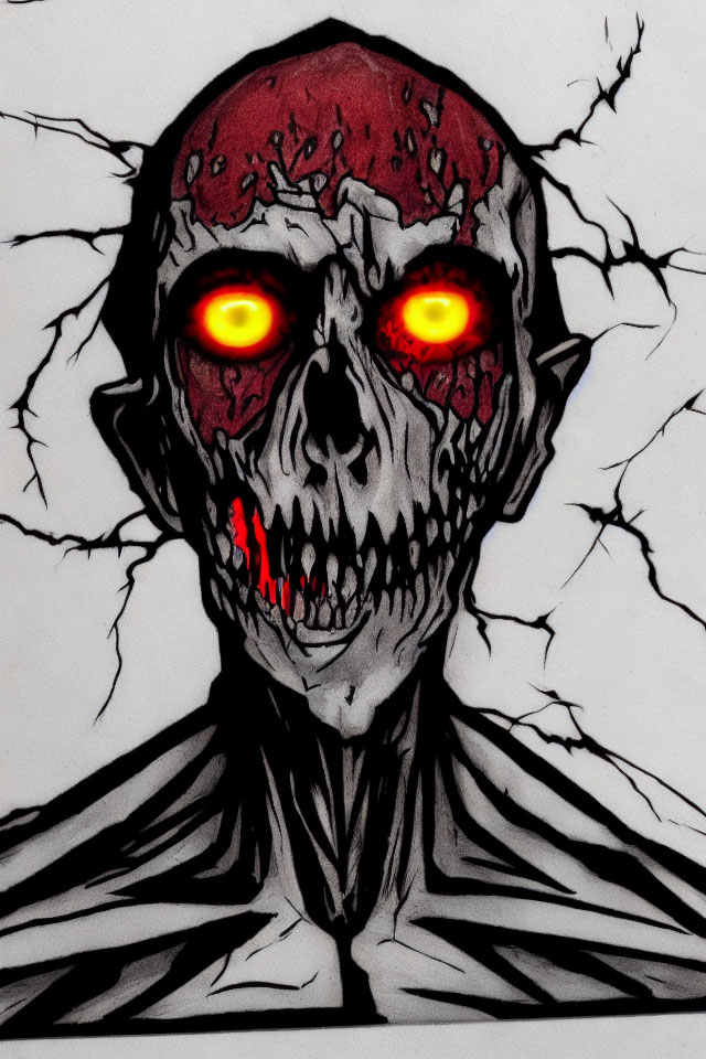 Menacing skull with glowing red eyes and bloodied cranium