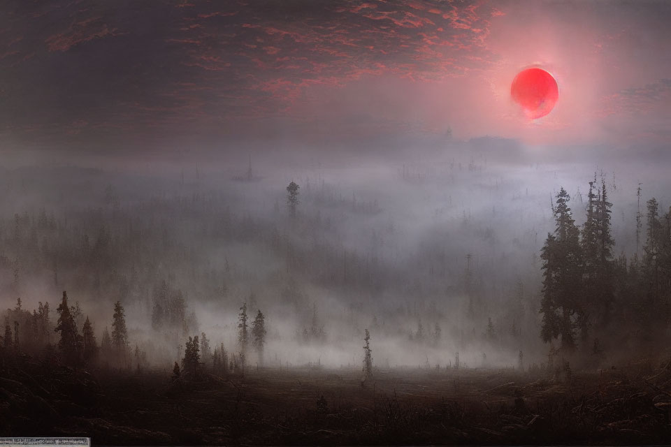 Misty forest landscape with large red sun at dusk