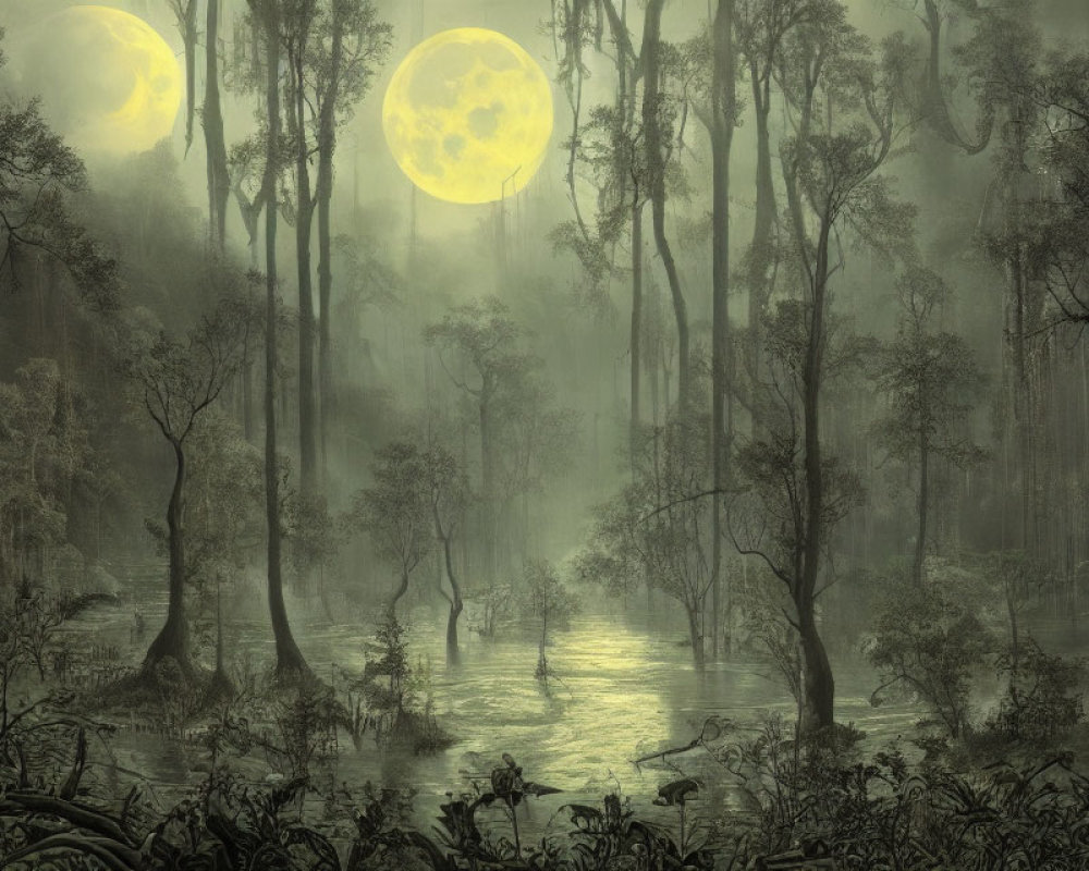 Misty swamp with towering trees and twin full moons