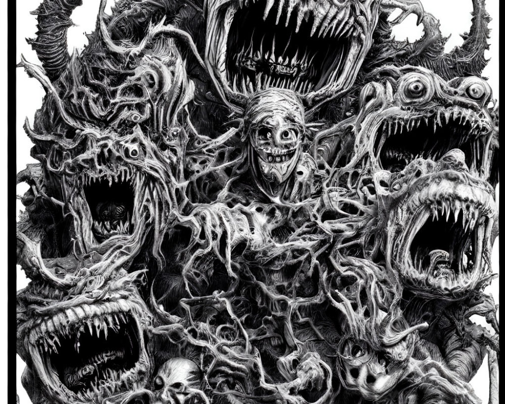 Detailed monochromatic drawing of ferocious creatures with multiple maws.