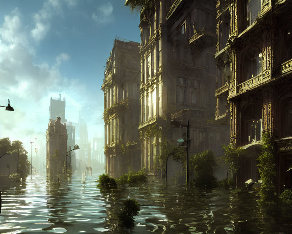 Sunlit post-flooding cityscape with classical architecture in calm waters