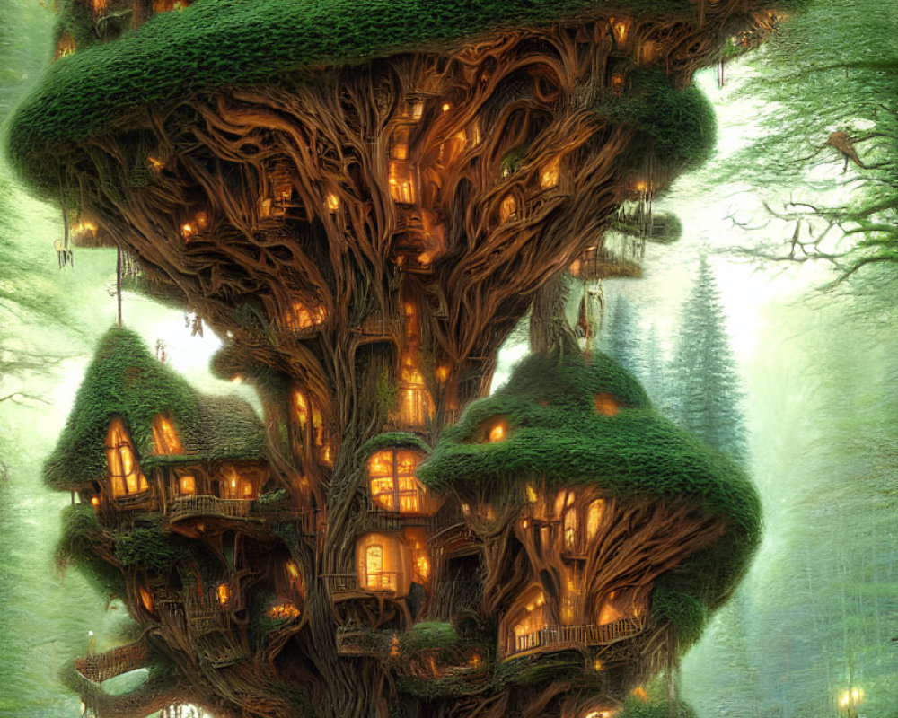 Enchanted treehouse with illuminated windows in mystical forest