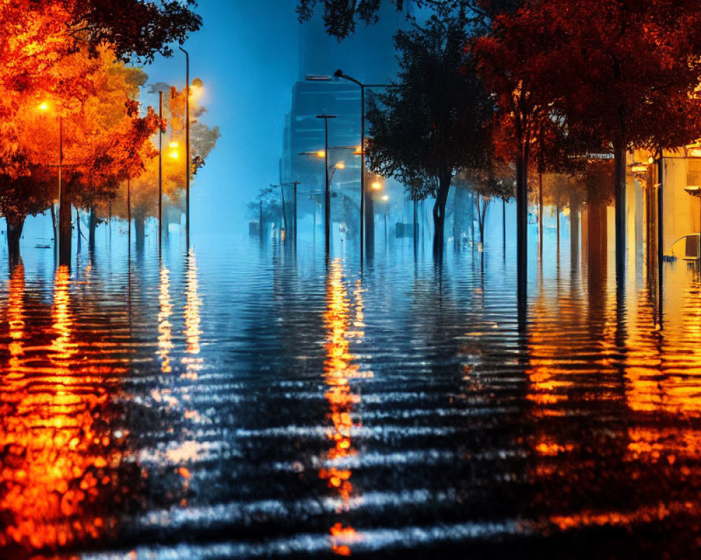 Flooded Street at Night with Autumn Trees Reflections