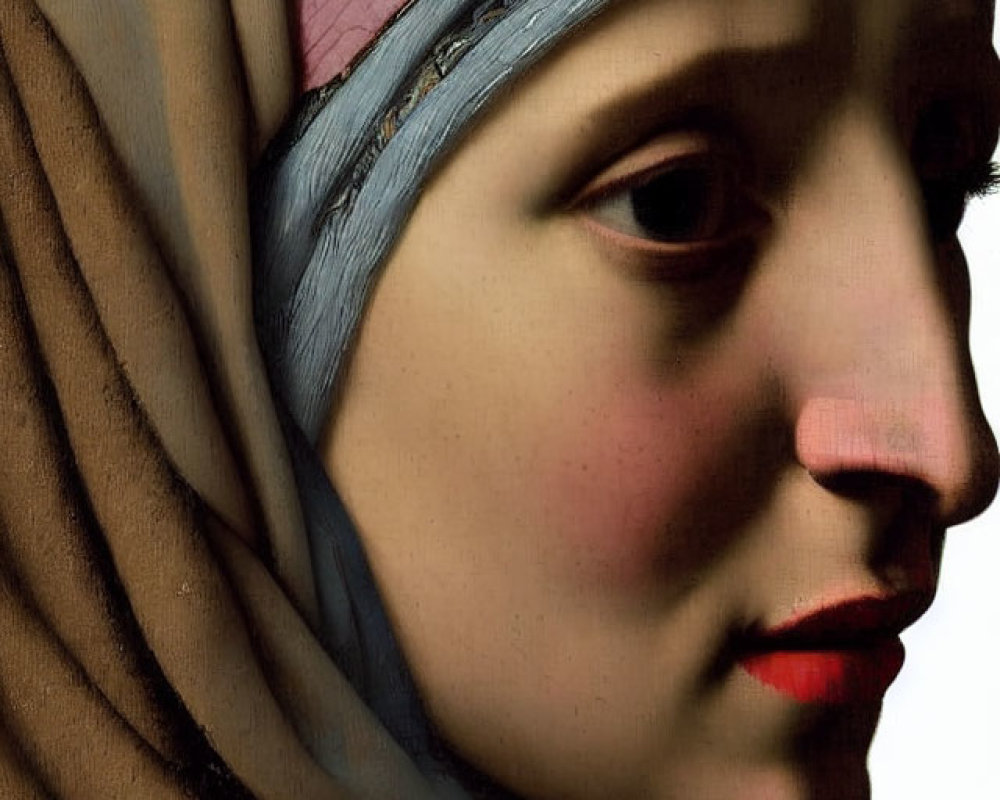 Detailed side profile of woman in headscarf with pink cap and brown shawl, featuring subtle shading