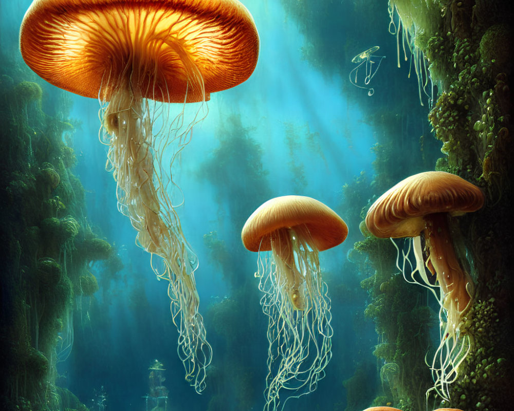 Enormous jellyfish-like creatures in underwater forest with glowing tendrils