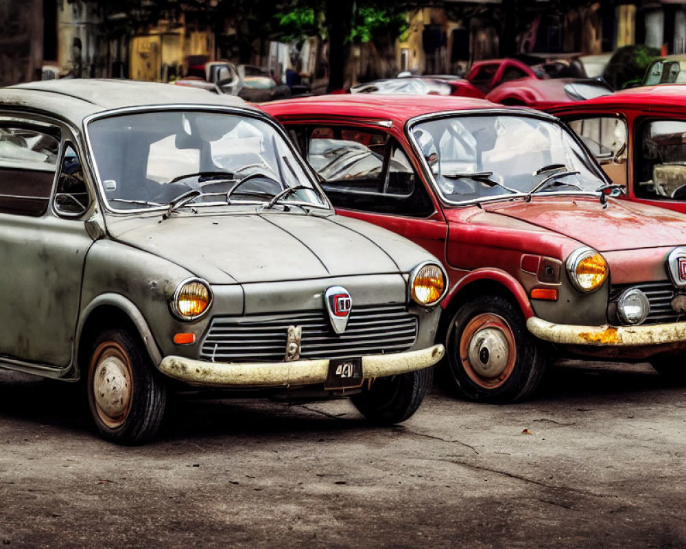 Pair of Vintage Fiat 500 Cars in Gray and Red parked in Old Area