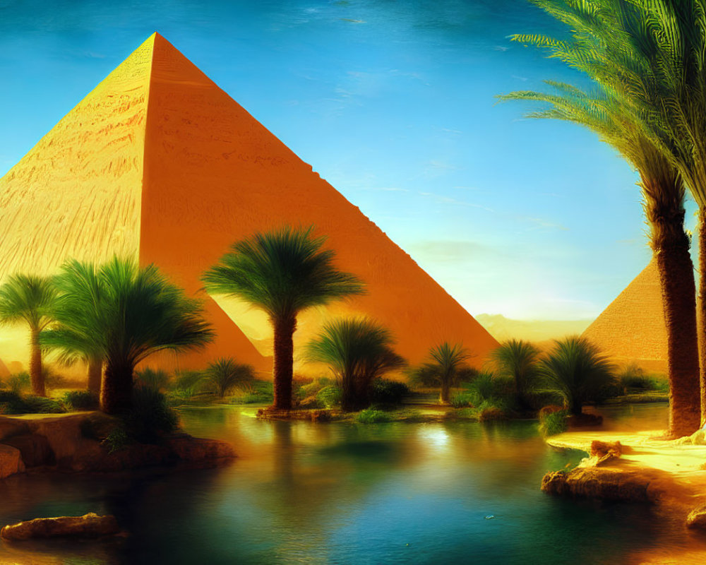 Tranquil oasis with palm trees and Great Pyramids at sunset
