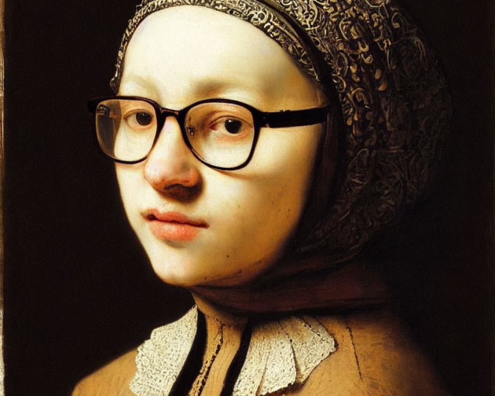 Blend of classic oil painting with modern glasses in a photoshopped image