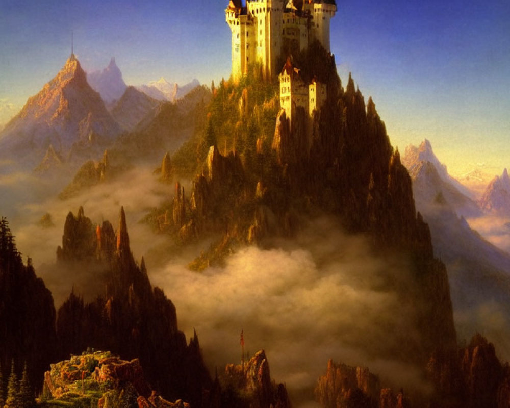 Majestic castle on high peak surrounded by cliffs and misty mountains