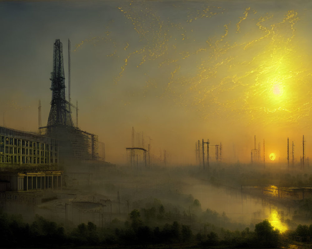 Sunrise industrial landscape with smokestacks, river, construction site, hazy sky, and birds