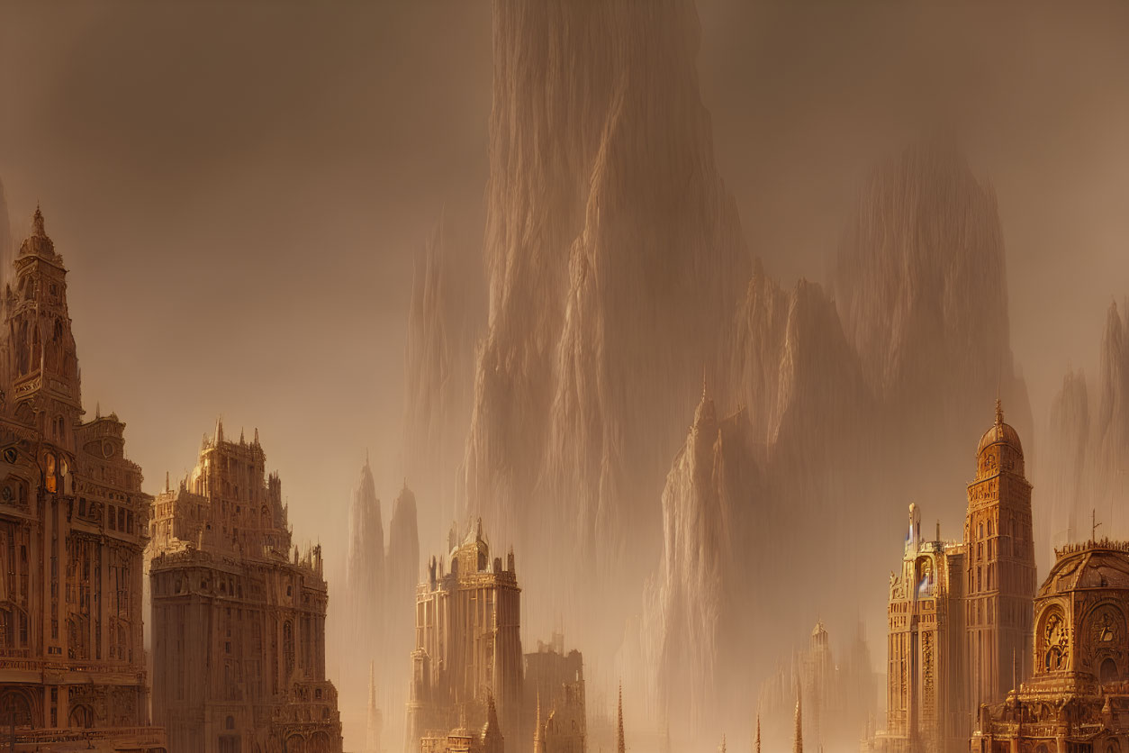 Mystical city with ornate buildings and misty rocky formations