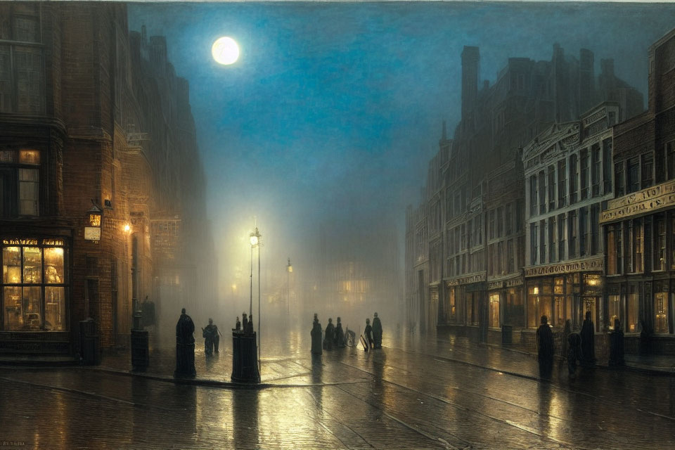 Foggy Moonlit City Street with Vintage Lamps & Silhouetted Figures