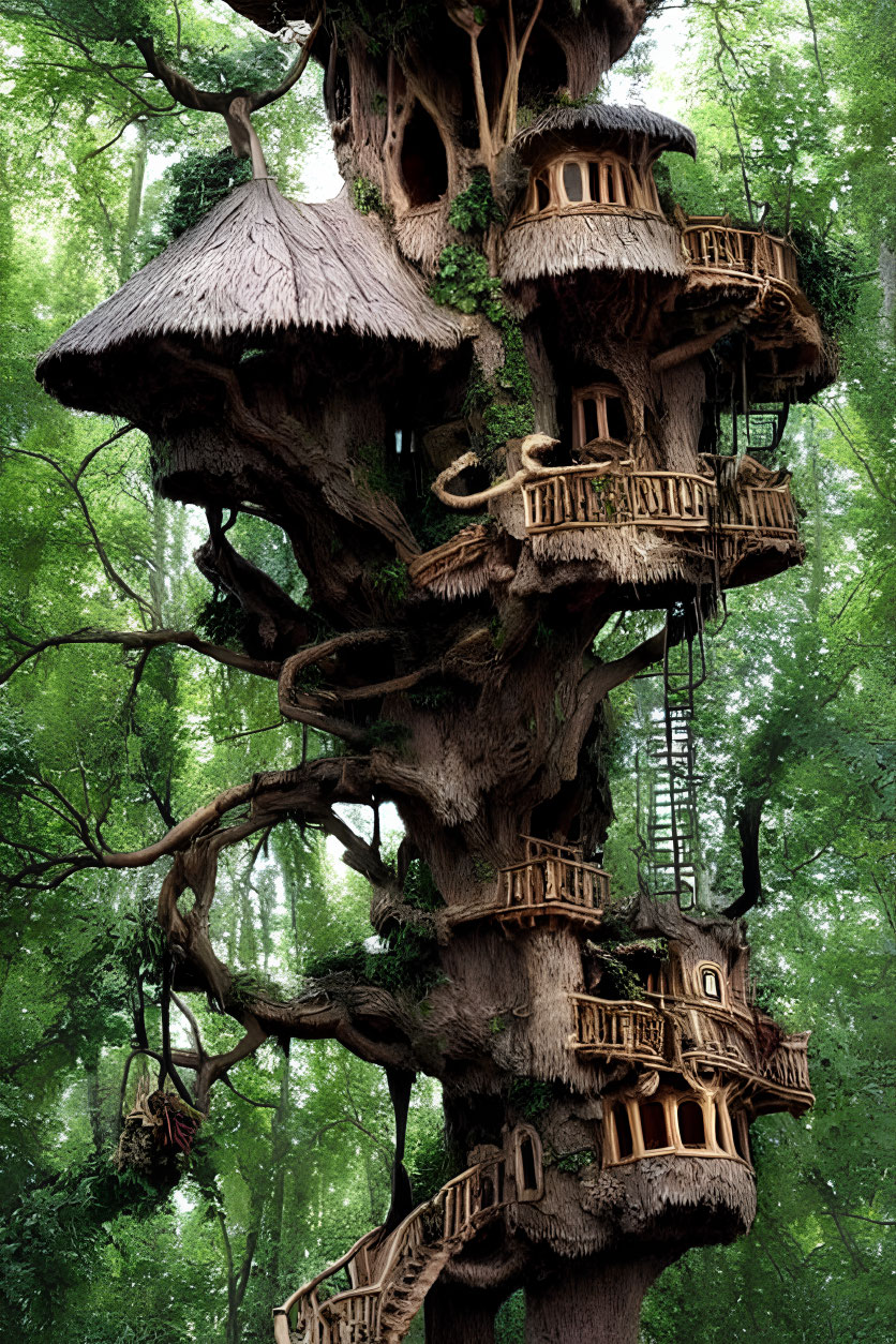 Unique Treehouse with Wooden Huts in Lush Forest