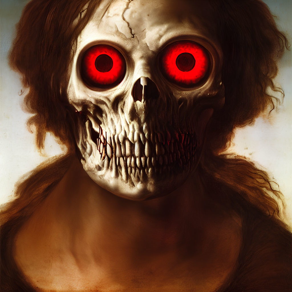 Eerie figure with skull-like face and red eyes