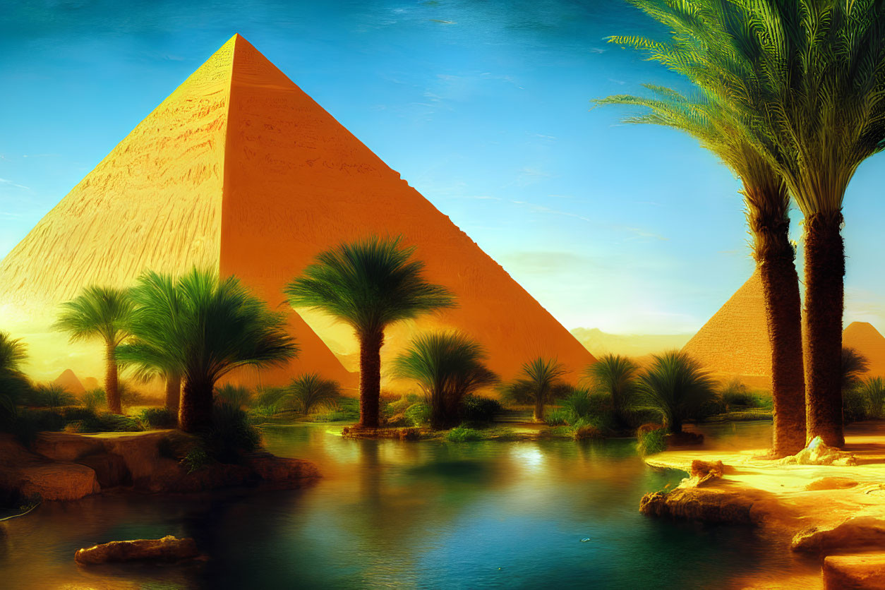 Tranquil oasis with palm trees and Great Pyramids at sunset