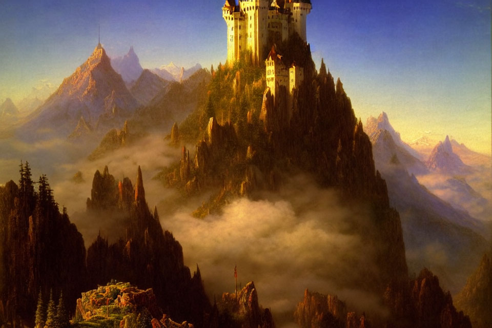 Majestic castle on high peak surrounded by cliffs and misty mountains