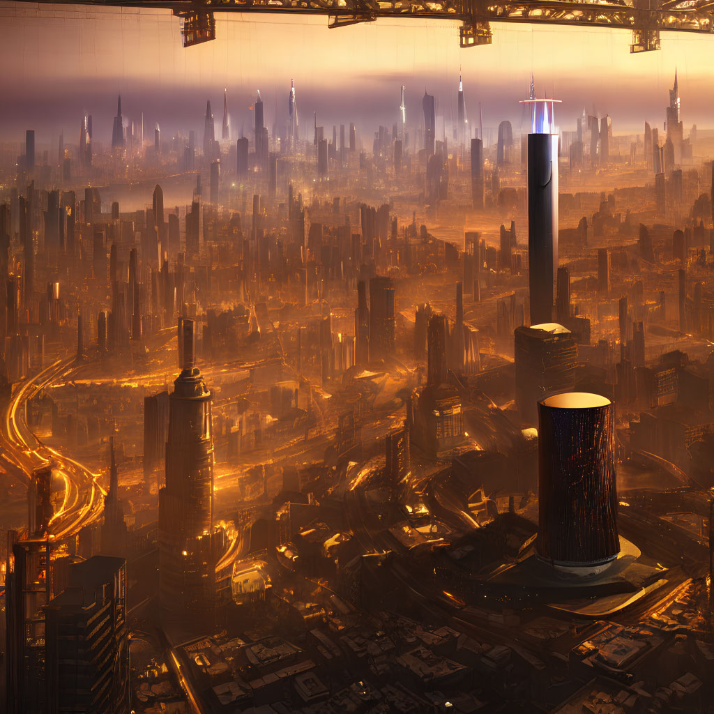 Futuristic cityscape with glowing skyscrapers at sunset