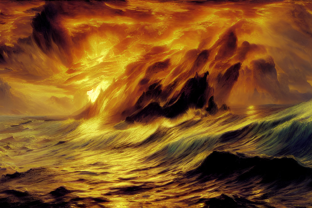 Apocalyptic sea scene with fiery sky and tumultuous waves