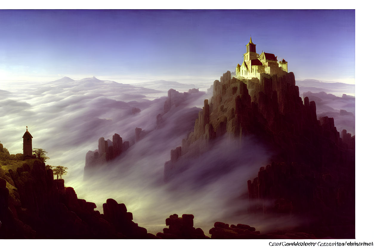 Majestic castle on misty mountain peak with tower and dramatic sky