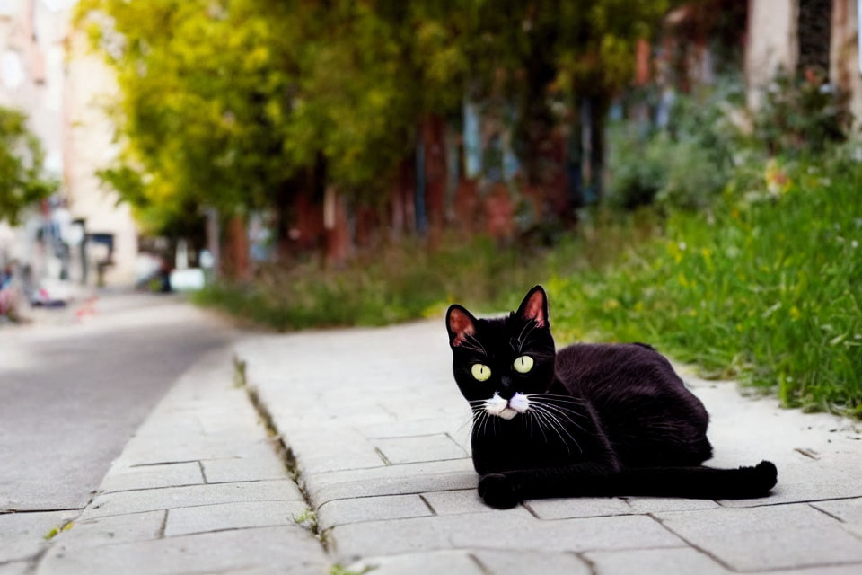 Black Cat with White Patches Relaxing on Paved Path