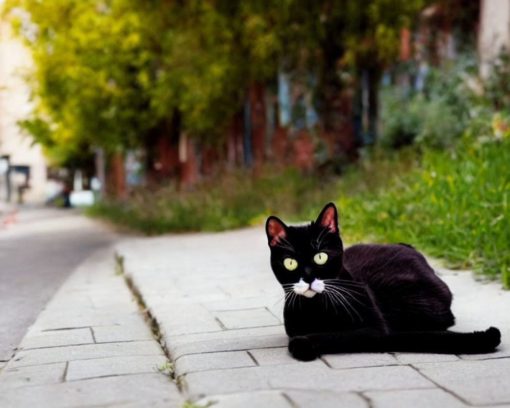 Black Cat with White Patches Relaxing on Paved Path