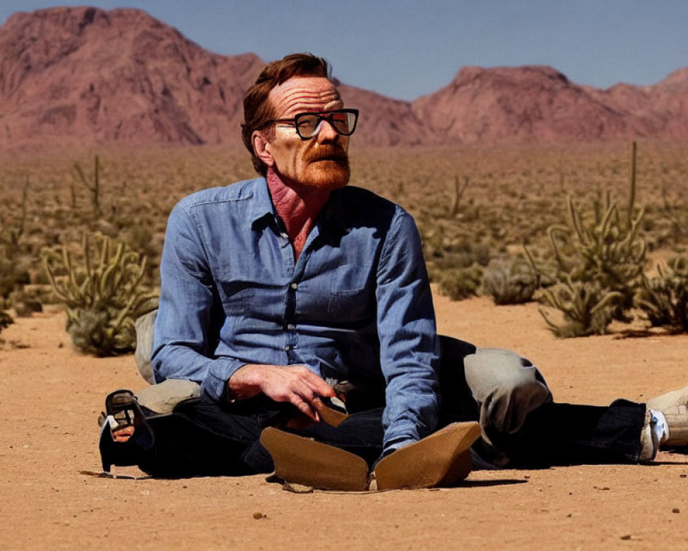Man in Glasses Contemplating Desert Landscape