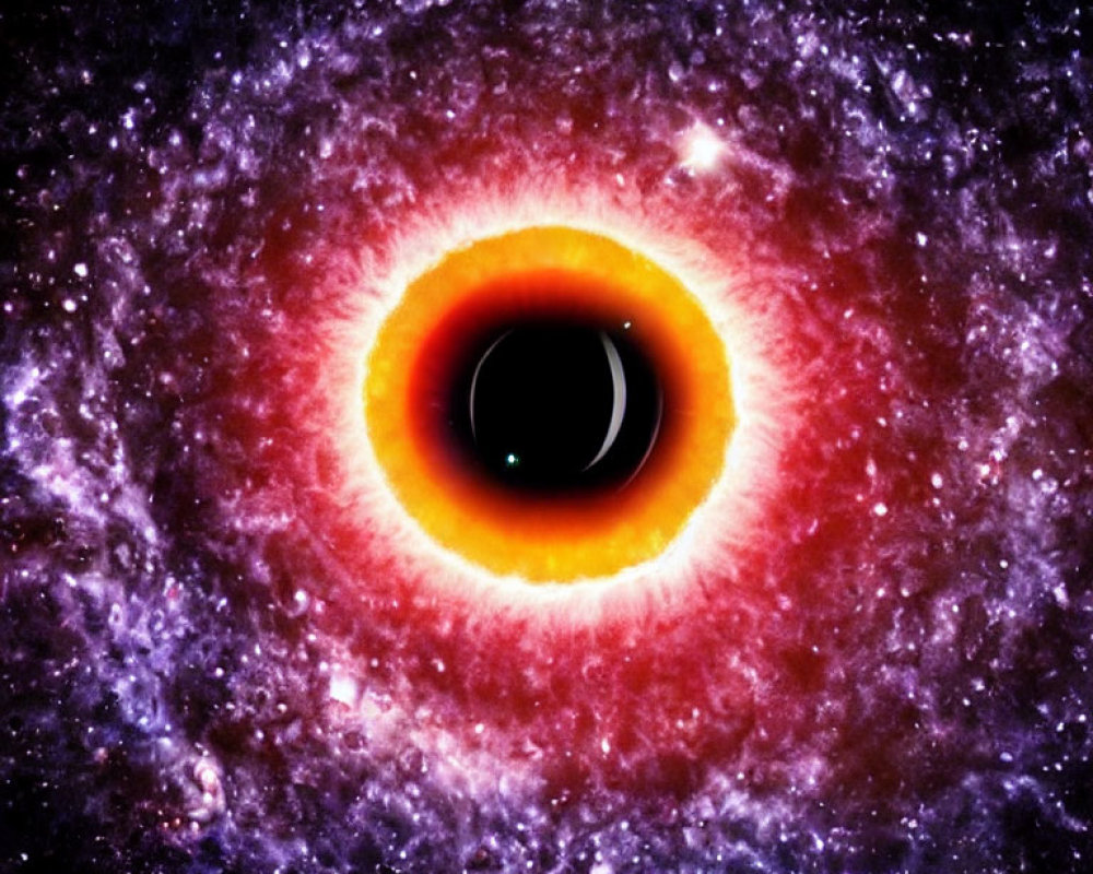 Colorful depiction of a black hole with radiant purple and red accretion disk