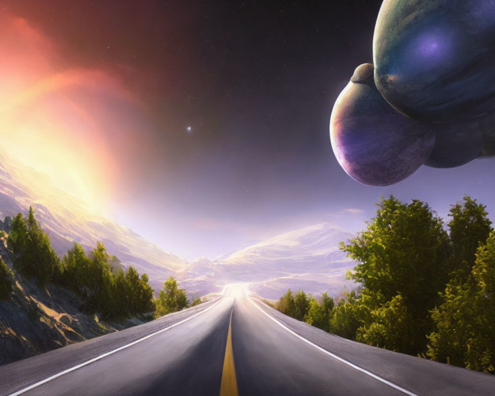 Straight Road Towards Horizon with Giant Planets in Sky Above Sunset Landscape