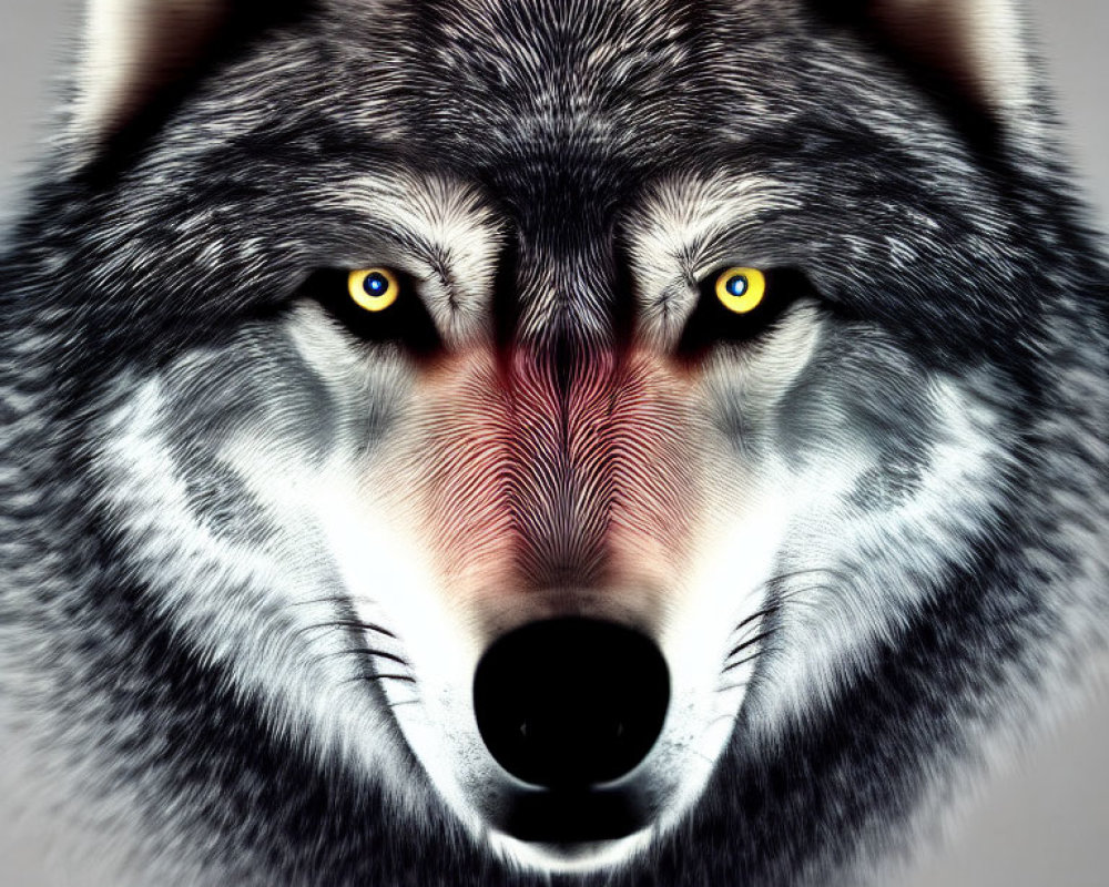 Symmetrical wolf's face with yellow eyes on gray background