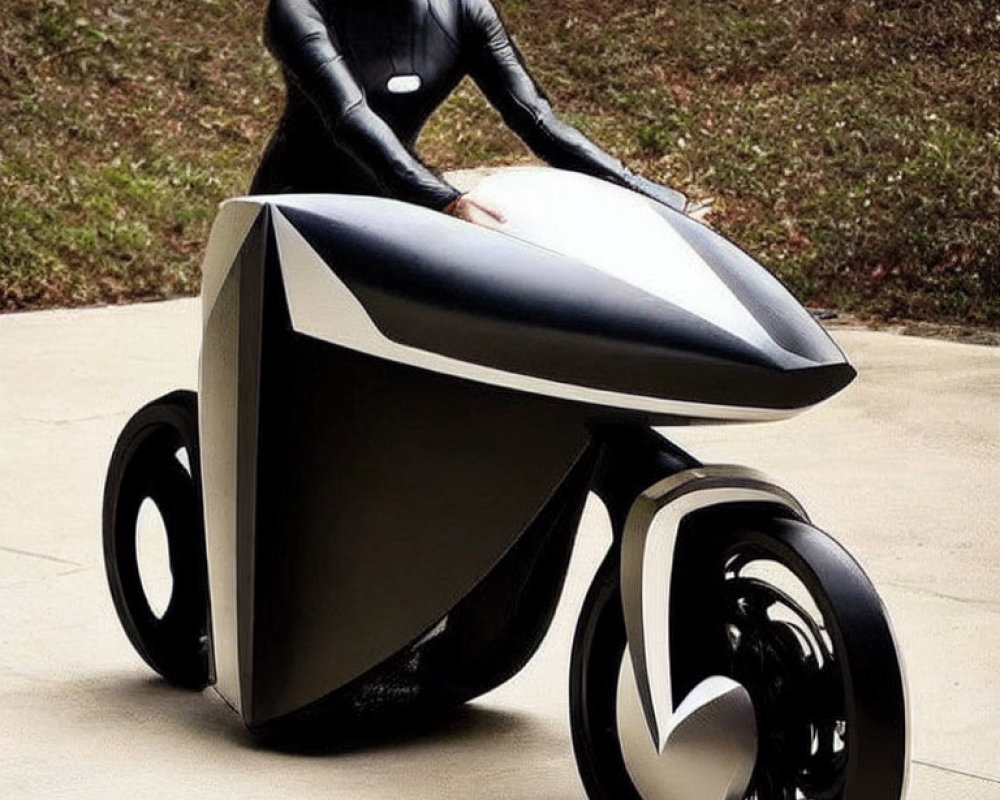 Person in black bodysuit on futuristic angular motorcycle