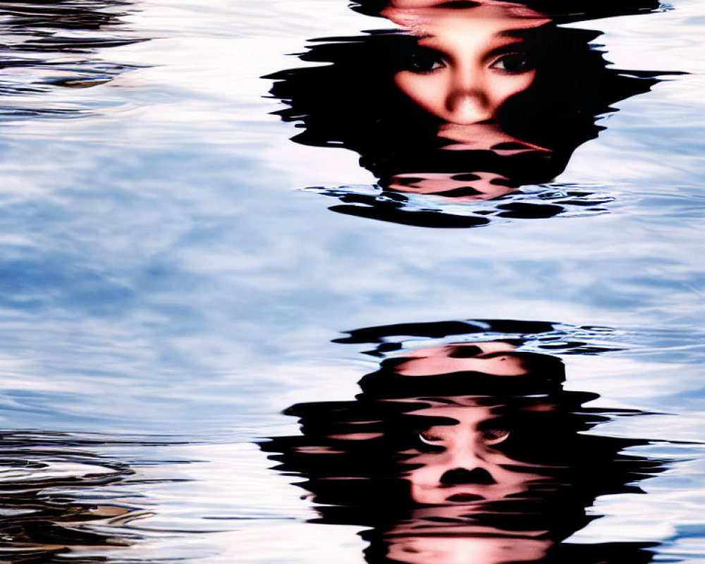 Distorted reflection of a face in rippling water for surreal effect