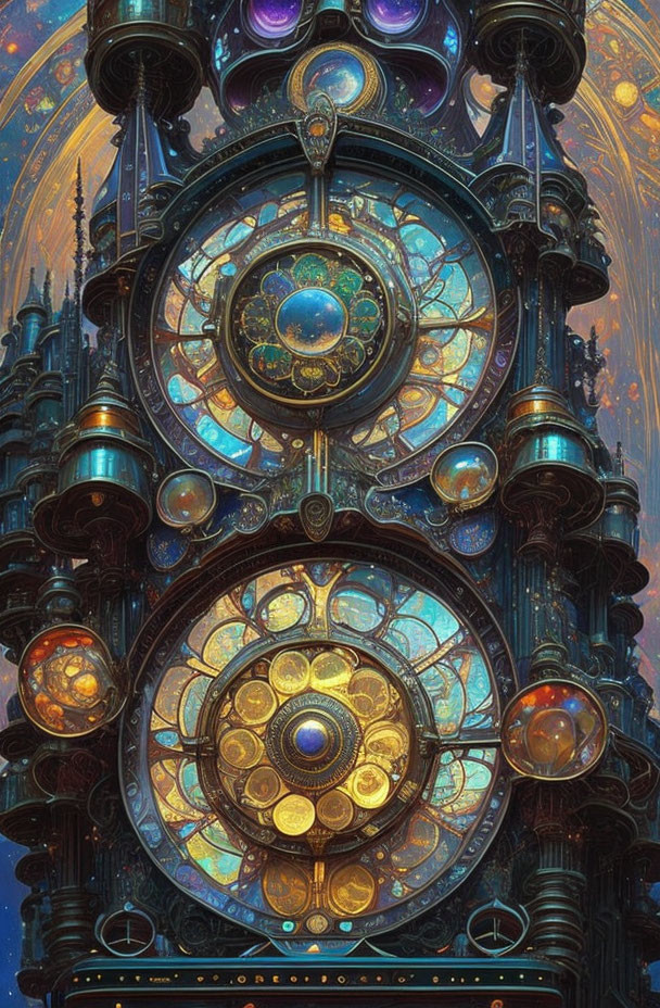 Intricate clockwork structure with glowing orbs in cathedral-like setting