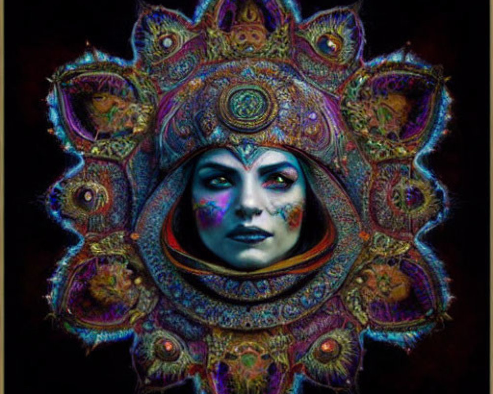 Symmetrical fractal mandala patterns on woman's face in vibrant digital art