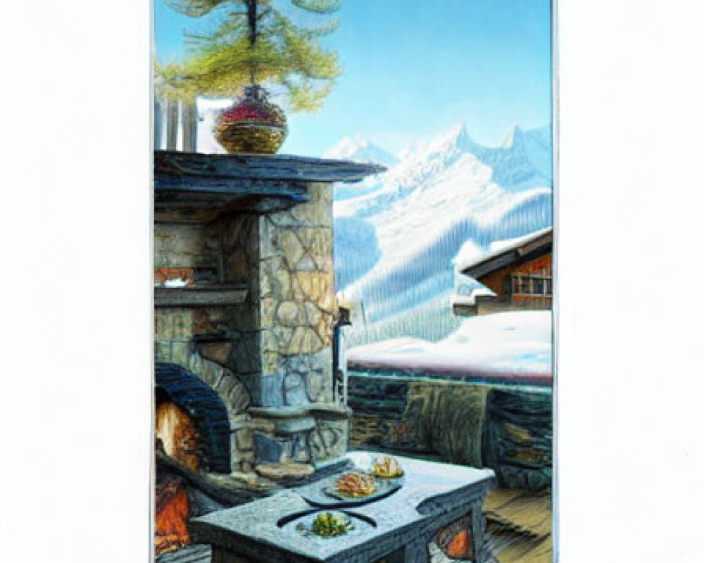 Cozy outdoor fireplace on terrace with snowy mountain view & tree on chimney