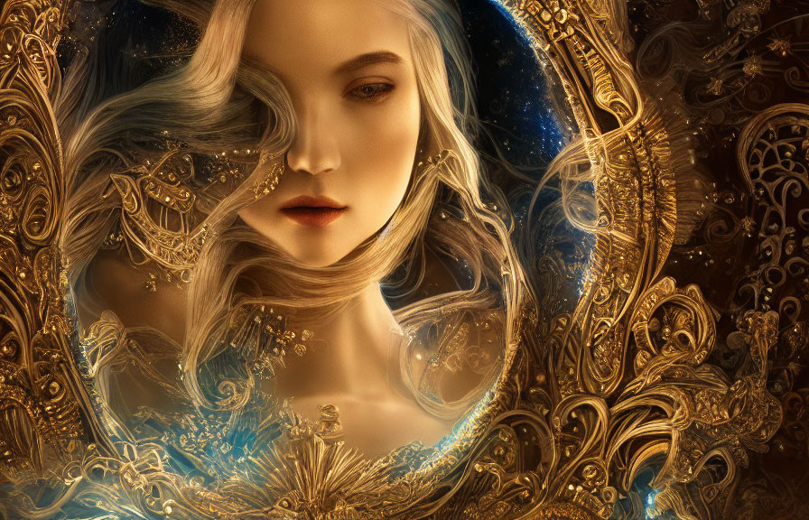 Pale-skinned woman with flowing hair and gold filigree and cosmic designs.