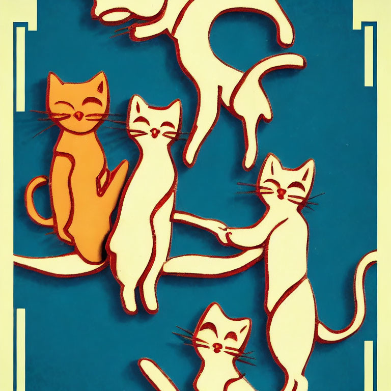 Playful cats in retro teal and yellow poses
