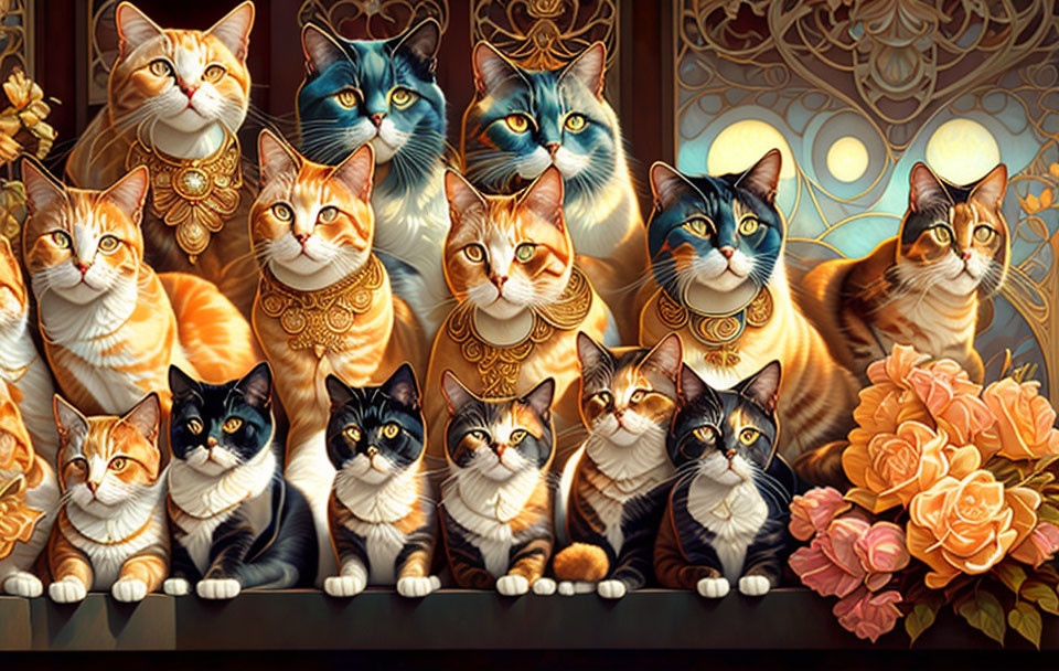 Illustrated Cats with Various Patterns Against Ornate Background