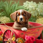 Brown and White Puppy in Pink Container Surrounded by Flowers