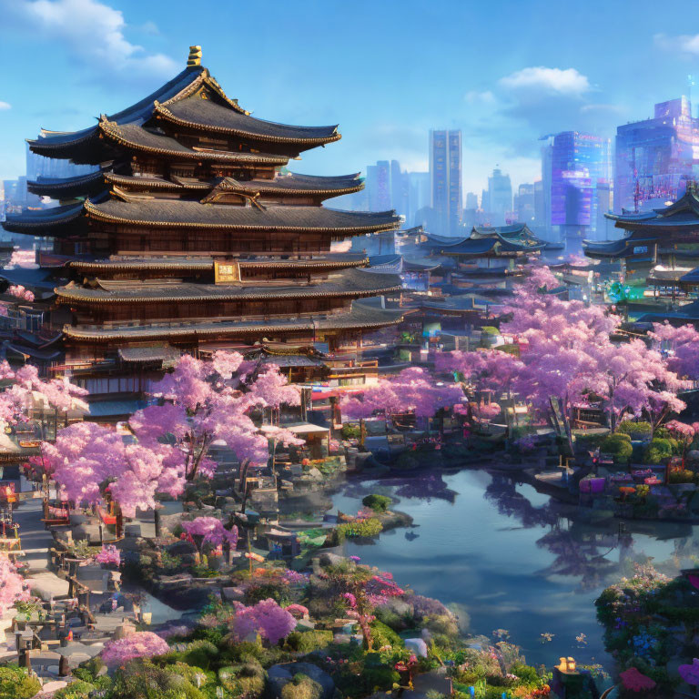 Traditional pagoda and cherry blossoms in vibrant artwork