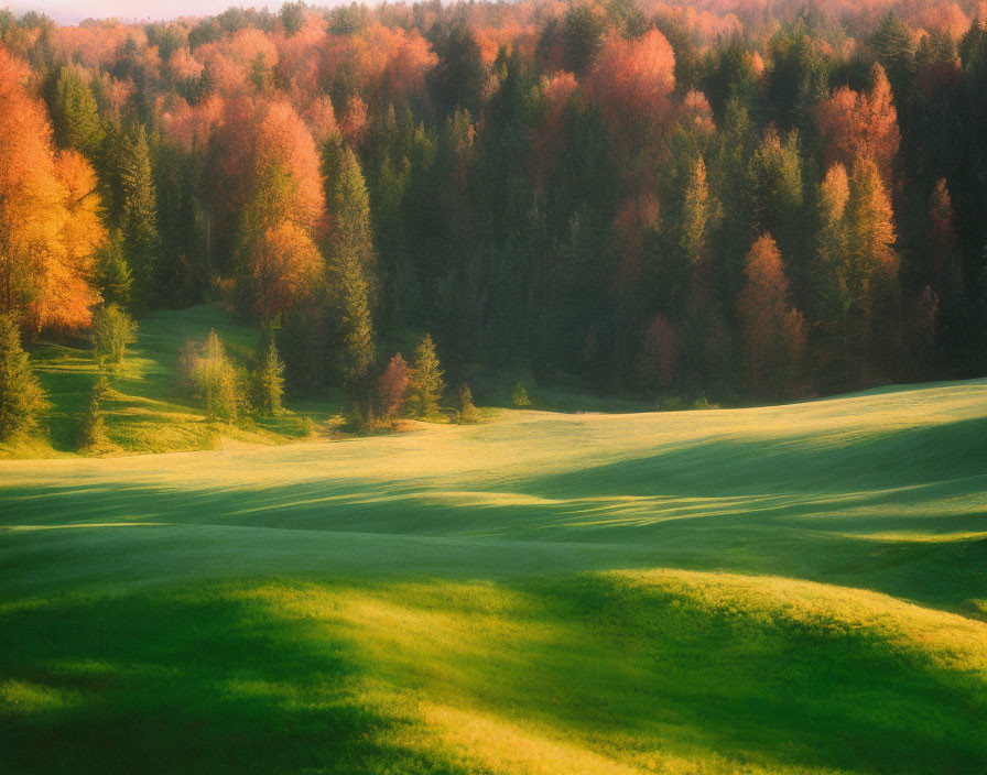 Tranquil landscape: sunlit hills & autumn forest.